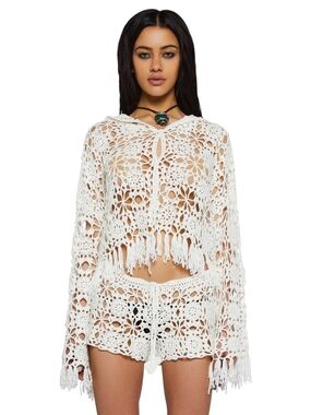 Dolls Kill Palms Retreat Cropped Crochet Cardigan - Off White